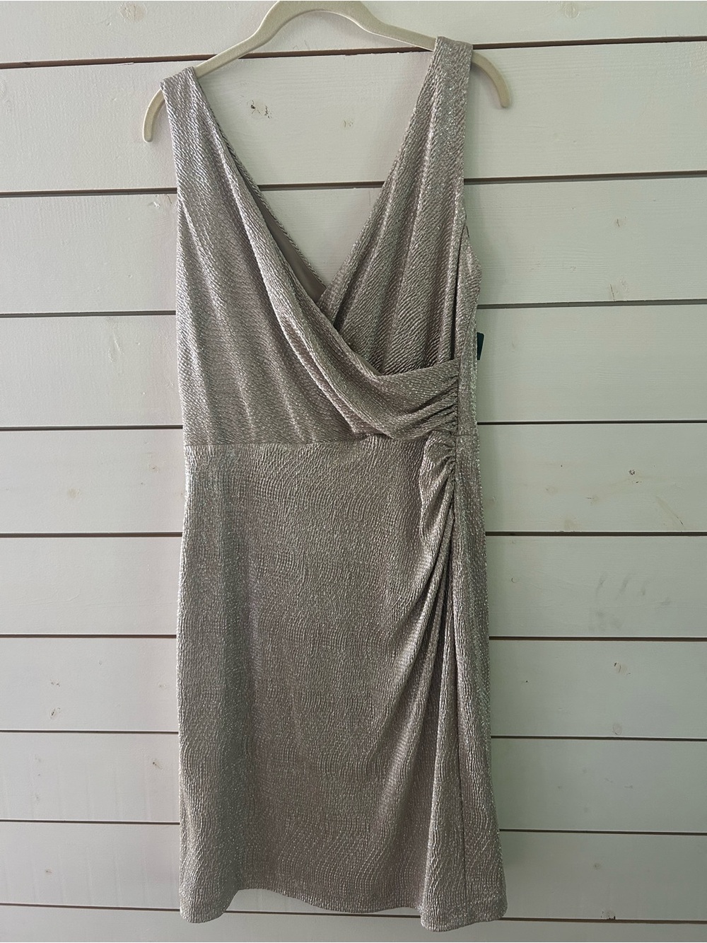 NWT Lauren Ralph Lauren Metallic Ruched Party Cocktail White Gold Dress Size 16